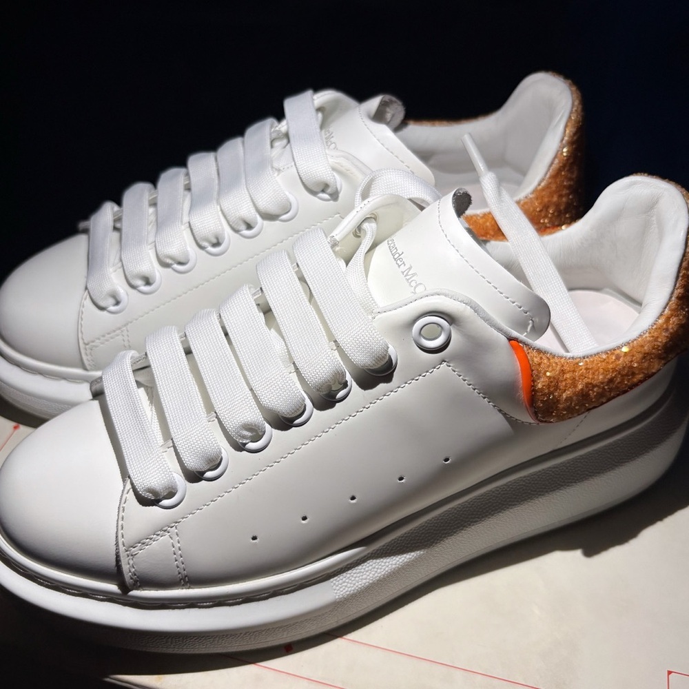 Alexander McQueen White Sneakers with Orange Glitter Accent